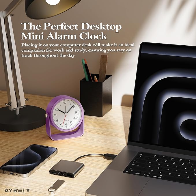 AYRELY?? 3.5 Inch Small Analog Alarm Clocks,Battery Operated Desk Clock,Cute Table Clock with Light???Adjustable Angle for Travel,Bedside,Bedroom,Kids,Living Room Decor (Purple)