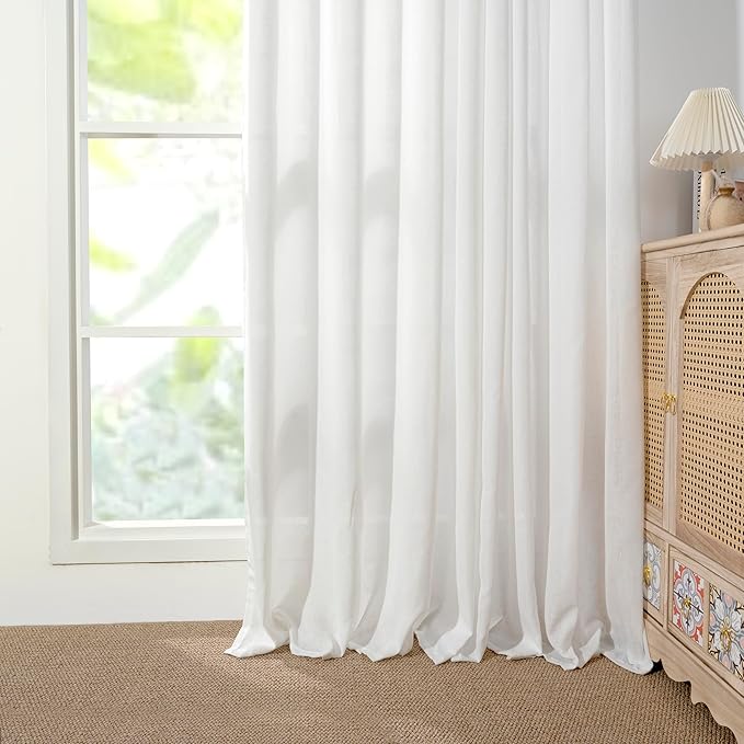 YoungsTex White Linen Semi Sheer Curtains 95 Inch Long 2 Panels for Living Room, Light Filtering Textured Drapes with Grommet for Bedroom Dining Room Floor Length, 2 Panels, 52 X 95 Inch