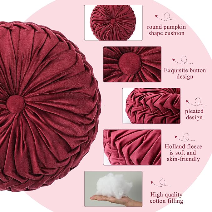Drydiet 1 Pcs Round Throw Velvet Pillows Decorative Pleated Throw Pillows 15'' Diameter Accent Pumpkin Boho Chair Cushion for Couch Sofa Home Decoration (Burgundy)