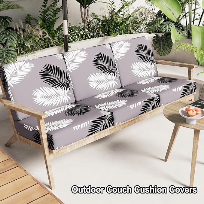 hyha Printed Couch Cushion Covers, Floral Sofa Covers Washable for 2 Cushion Couch, Stretch Pattern Outdoor Cushion Covers for Patio Furniture with Elastic Bottom(2 Packs, Grey Feathers)