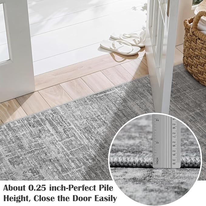 2x12 Washable Hallway Runner Rug - Modern Abstract Neutral Long Carpet with Non-Slip Backing Low-Pile Stain-Resistant Thin Runners for Kitchen Bathroom Bedroom Entryway (2x12, Gray)