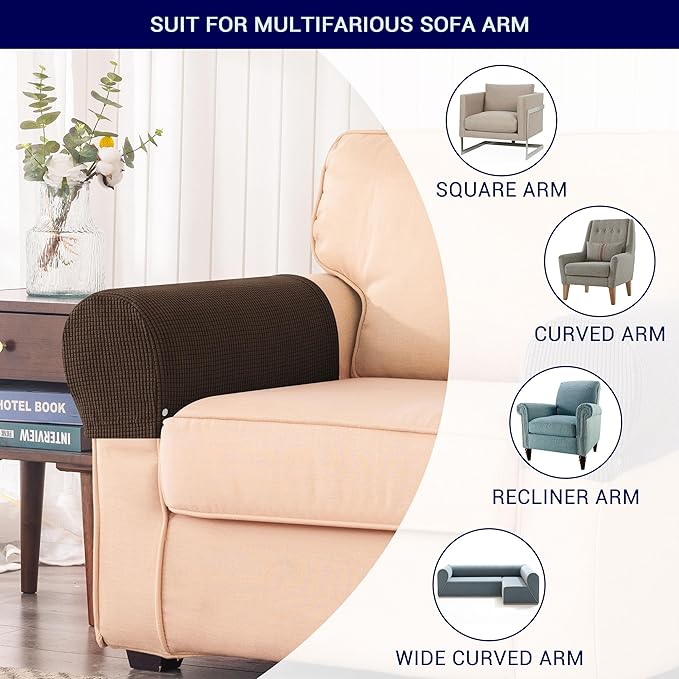 SUBRTEX Stretch Couch Arm Covers Set of 2, Checkered Sofa Arm Slipcovers, Anti-Slip Armrest Covers for Recliner and Armchairs, Pet Proof, High Stretchy, Hook & Loop Tape, Chocolate