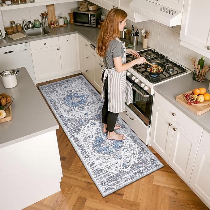 Ileading Washable Hallway Runner Rugs, 2x6 Non Slip Runners Area Rug for Entryway Kitchen Bathroom Bedroom Laundry Living Room, Long Narrow Low-Pile Floor Carpet Boho Vintage Throw Mat for Kids Room ﻿