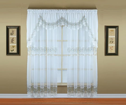 Today's Curtain, Vintage Macramé Organza Panel 84", White/Blue, 58" W x 84" L
