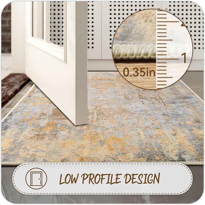 Beige Gold Entryway Rug 3x5 Door Mat Indoor Entrance 36x60, Washable Small Throw Rugs for Kitchen Floor, Entry, Front Door, Bedroom Bedside, Non-Slip Low Pile Stain & Fade Resistant, Abstract