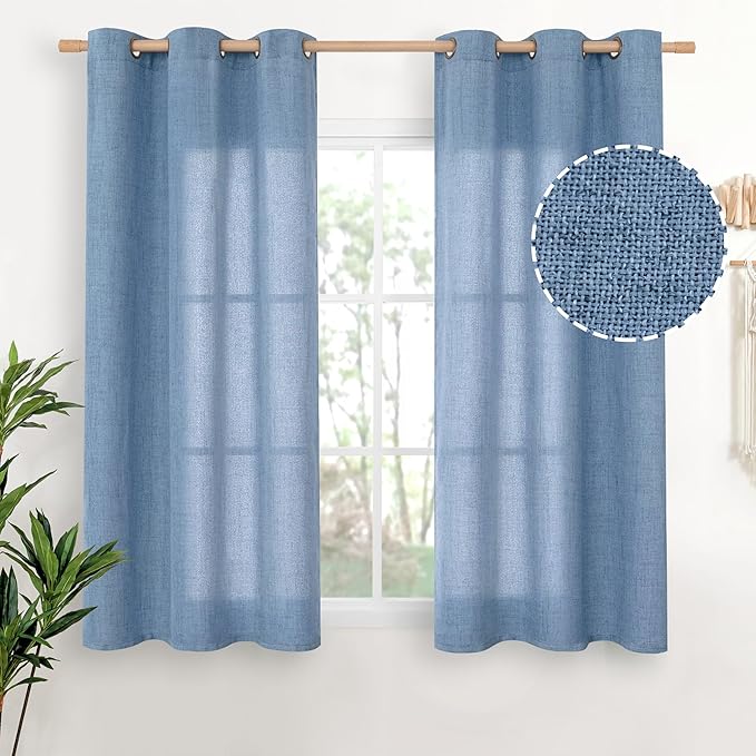 YoungsTex Blue Linen Curtains 54 Inches Length for Living Room Window - Bronze Grommet Short Light Filtering Drapes Privacy for Bathroom Bedroom Decorative, 42 x 54 Inch, 2 Panels