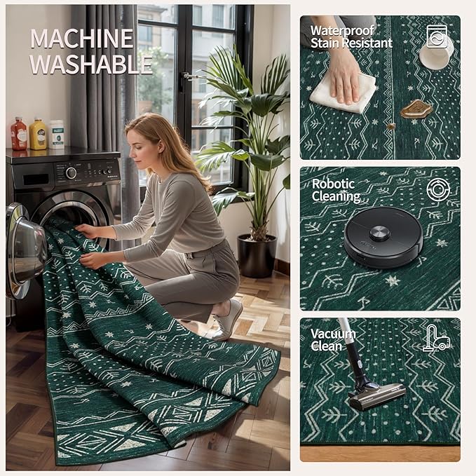 SERISSA 2x3 Rugs for Entryway, Washable Non-Slip Dark Green Small Area Rug, Soft Low-Pile Boho Geometric Indoor Entry Rug Door Mat Indoor Entrance Front Door Carpet for Bathroom Kitchen Bedroom