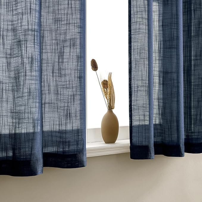 XTMYI Navy Blue Cafe Curtains for Kitchen Bathroom, 30 Inch Coastal Nautical Linen Textured Sheer Half Curtains for Small Windows