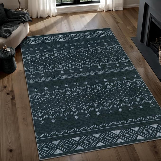 SERISSA 3x5 Area Rugs for Living Room, Washable Non-Slip Grey Small Boho Rug, Soft Low-Pile Geometric Indoor Throw Carpet for Bedroom Kitchen Dining Room Office