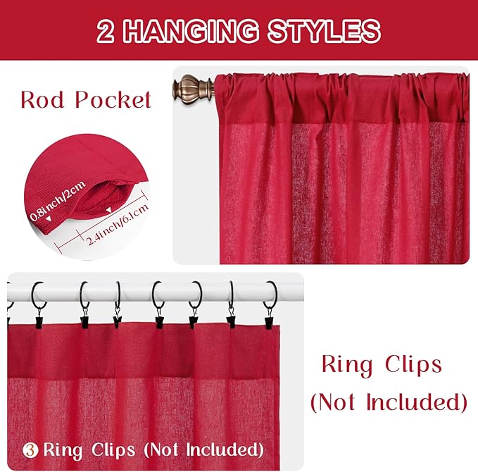 ASPMIZ Farmhouse Cotton Linen Swag Valances for Windows, Boho Kitchen Curtains Valances with Rustic Buttons, Red Striped Window Treatments Curtain Valance for Bathroom Cafe, 61 x 36 Inch, 1 Panel
