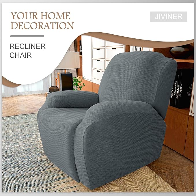JIVINER Oversized Recliner Chair Covers 4 Piece Stretch Lazy Boy Recliner Sofa Slipcover Jacquard Large Recliner Covers with Elastic Bottom Soft Furniture Protector (XL Recliner,Light Gray)