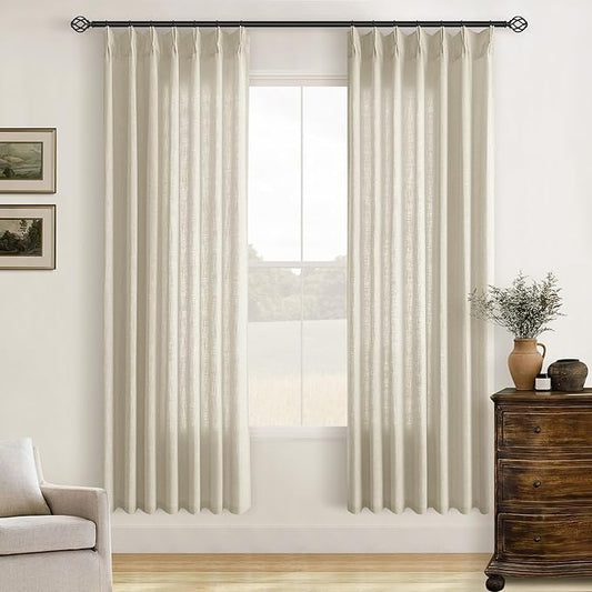 Beige Pinch Pleated Linen 72 Inch Curtains 2 Panels for Living Room Bedroom Memory Training Shaped Neutral Semi Sheer Short Pleat Drapes with Hooks Rings Back Tab Window Curtain Cabin Closet 40x72