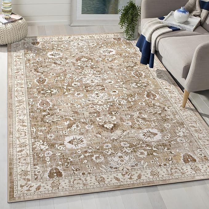 LOKHOM Washable Area Rug, 3x5 Non-Slip Kitchen Area Mat Vintage Living Room Rug with Rubber Backing, Boho Floral Faux Wool Farmhouse Bedroom Area Carpet for Bedroom Kitchen Laundry(Beige Brown)