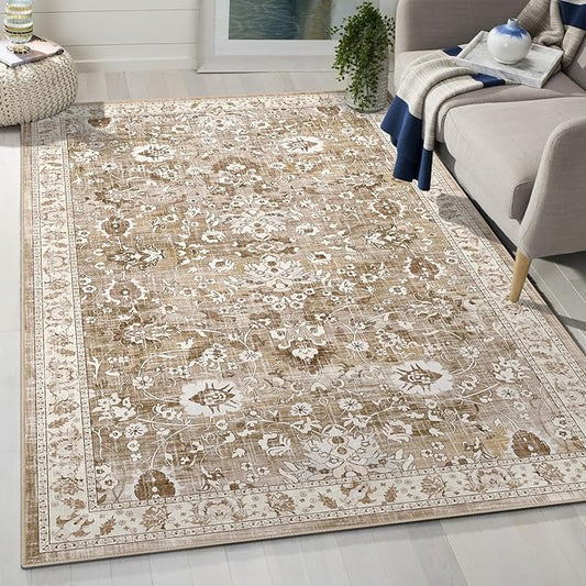 LOKHOM Washable Area Rug, 3x5 Non-Slip Kitchen Area Mat Vintage Living Room Rug with Rubber Backing, Boho Floral Faux Wool Farmhouse Bedroom Area Carpet for Bedroom Kitchen Laundry(Beige Brown)