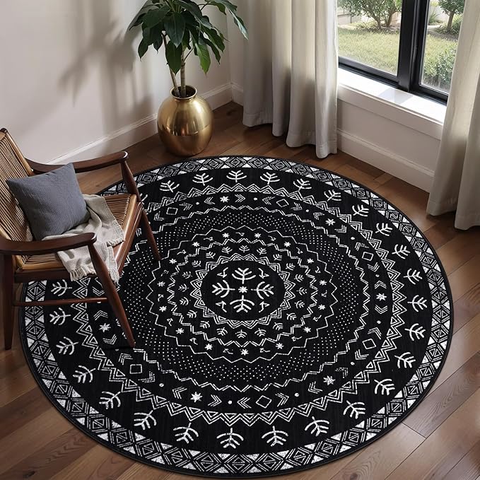 SERISSA Round Area Rug, 4ft Washable Non-Slip Black and White Boho Circle Rug, Soft Low-Pile Geometric Indoor Small Circular Carpet for Bedroom Entryway Living Room Dining Room