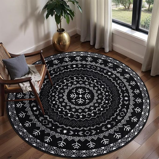 SERISSA Round Area Rug, 4ft Washable Non-Slip Black and White Boho Circle Rug, Soft Low-Pile Geometric Indoor Small Circular Carpet for Bedroom Entryway Living Room Dining Room