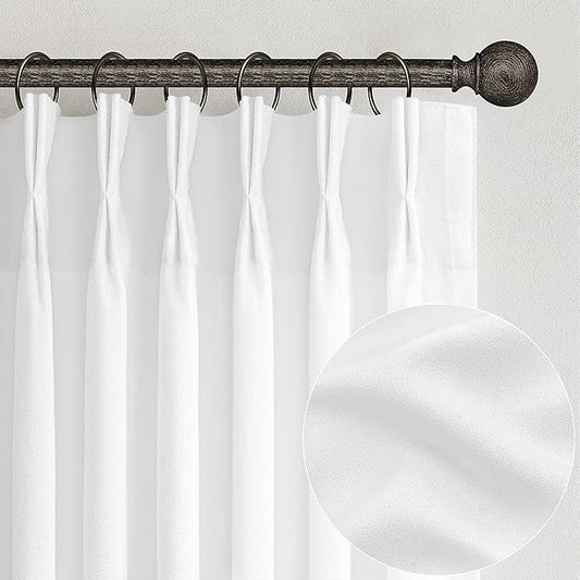 108 Inch White Linen Semi Sheer Curtains for Living Room 2 Panels Set, 9Ft Luxury Farmhouse Style Pinch Pleated Curtains Light Filtering Privacy Floor to Ceiling Track Drapes with Hooks Rings