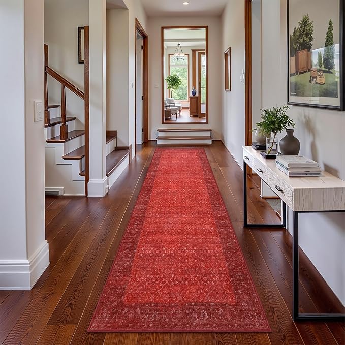 Hedlive Red Kitchen Runner Rugs Non Skid Washable, 2.6x8 Long Hallway Runner Rug 8 Ft, Ultra-Thin Vintage Red Carpet Runner for Entryway Bathroom Bedside Laundry Room Hall (2'6"x8')