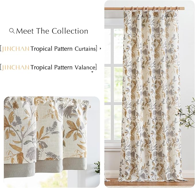 jinchan Linen Valance Double Layer Kitchen Window Curtain Yellow Leaf on Beige Valance for Living Room Cafe Farmhouse Light Filtering Rustic French Country Curtain 18 Inch Rod Pocket 1 Panel