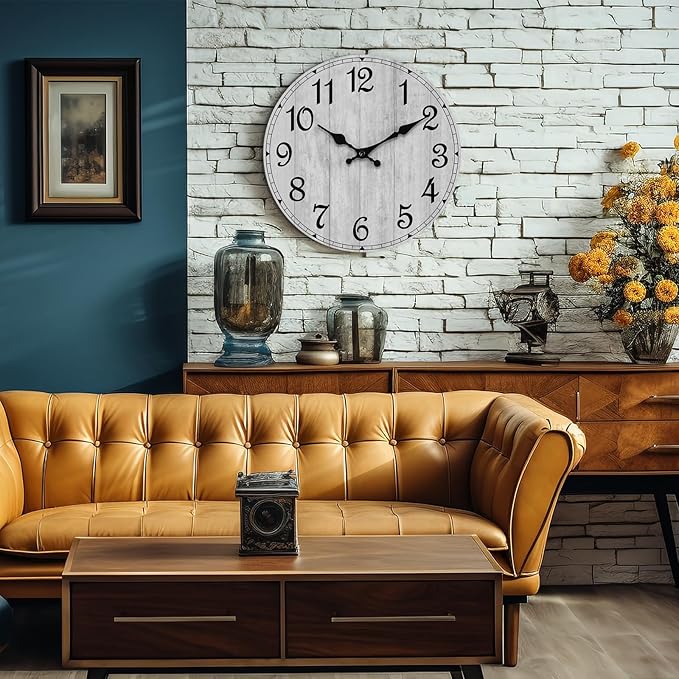 HYLANDA Wall Clock 14 Inch, Gray Wall Clocks Battery Operated Silent Non Ticking, Vintage Rustic Wooden Clocks Decorative for Kitchen Bathroom, Living Room, Bedrooms, Dining Room, Office (14")