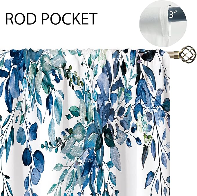 Teal Eucalyptus Botanical Leaves Floral Small Kitchen Curtains Blue Flower Window Treatment Wildflower Plant Cafe Short Window Curtains for Bathroom Room Tier Treatment Drapes 26x24 inch