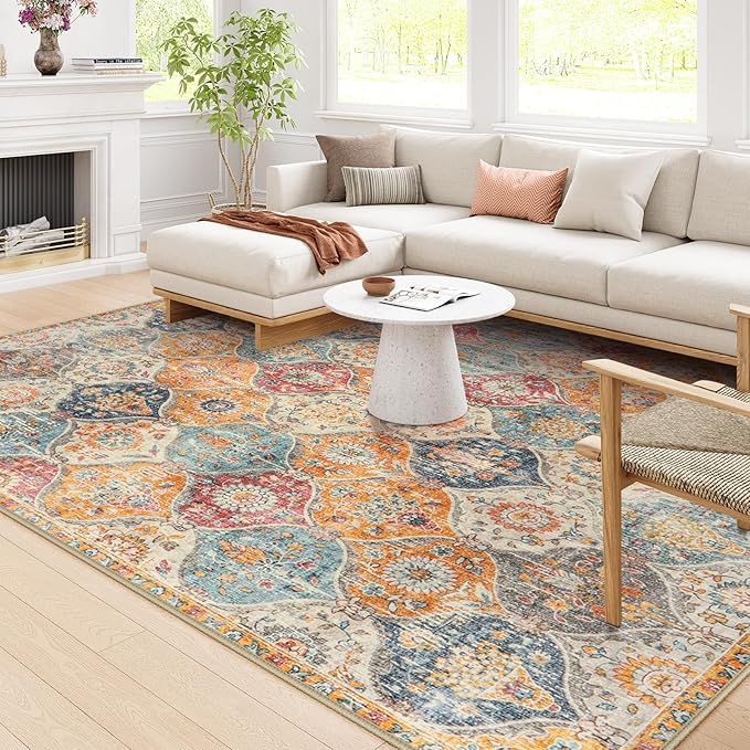 Lahome Moroccan Washable Area Rugs 8x10, 8x10 Rugs for Living Room Bedroom, Ultra-Thin Oriental Non-Slip Foldable Non Shedding Accent Large Carpet for Office Dining Room Elise, Cream/Multi