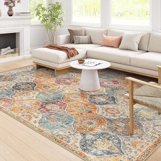 Lahome Moroccan Washable Area Rugs 8x10, 8x10 Rugs for Living Room Bedroom, Ultra-Thin Oriental Non-Slip Foldable Non Shedding Accent Large Carpet for Office Dining Room Elise, Cream/Multi