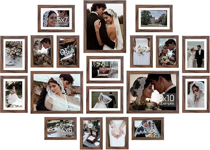 upsimples 19 Pack Picture Frames Collage Wall Decor for Mounting or Tabletop Display, Photo Gallery Frame Set for Family, Multi Sizes Including 8x10, 5x7, 4x6, Brown