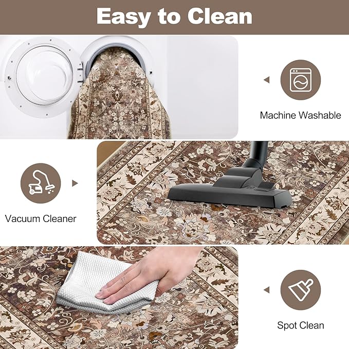LOKHOM Washable Runner Rug, 2x10 Non-Slip Vintage Farmhouse Hallway Runner Rug with Rubber Backing, Boho Soft Faux Wool Kitchen Rug Carpet for Kitchen Laundry Entryway Bedroom (Dark Brown)