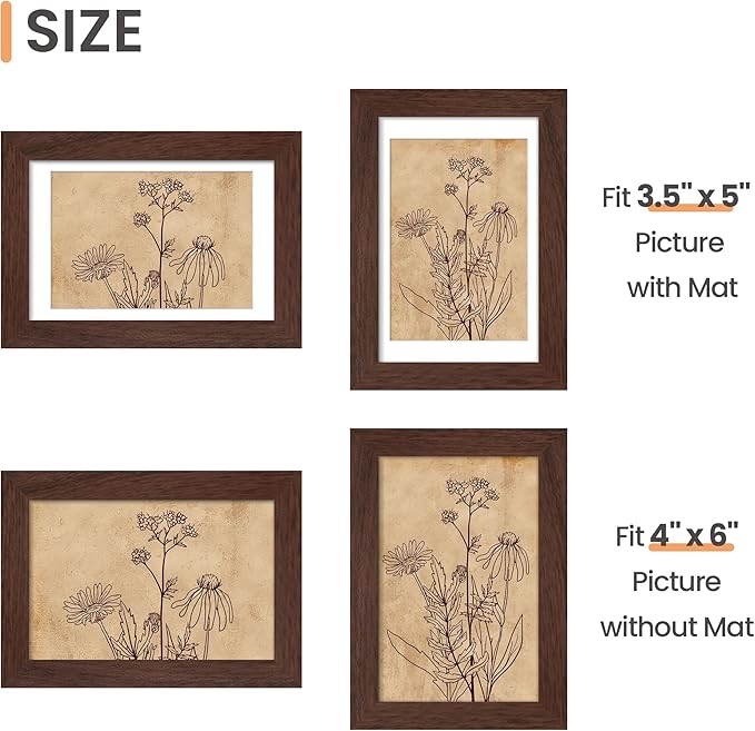 upsimples 4x6 Picture Frame, Display Pictures 3.5x5 with Mat or 4 x 6 Without, Wall Hanging Photo Frames, Brown, 1 Pack