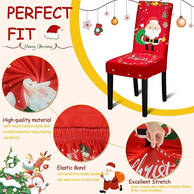 Christmas Chair Covers, Stretch Dining Room Chair Covers Set of 8, Christmas Decoration/Home Decor Chair Protector Slipcovers