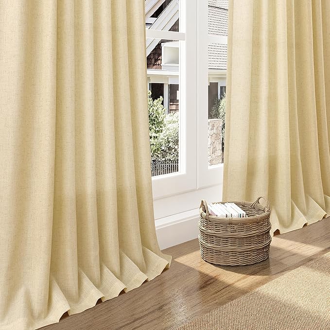 Nanspring Cream Yellow Curtains for Living Room 72 Inches Linen Blend Light Filtering Modern Farmhouse Semi Sheer Curtains Back Tab Privacy Neutral Curtain for Bedroom Office 52x72, 2 Panels