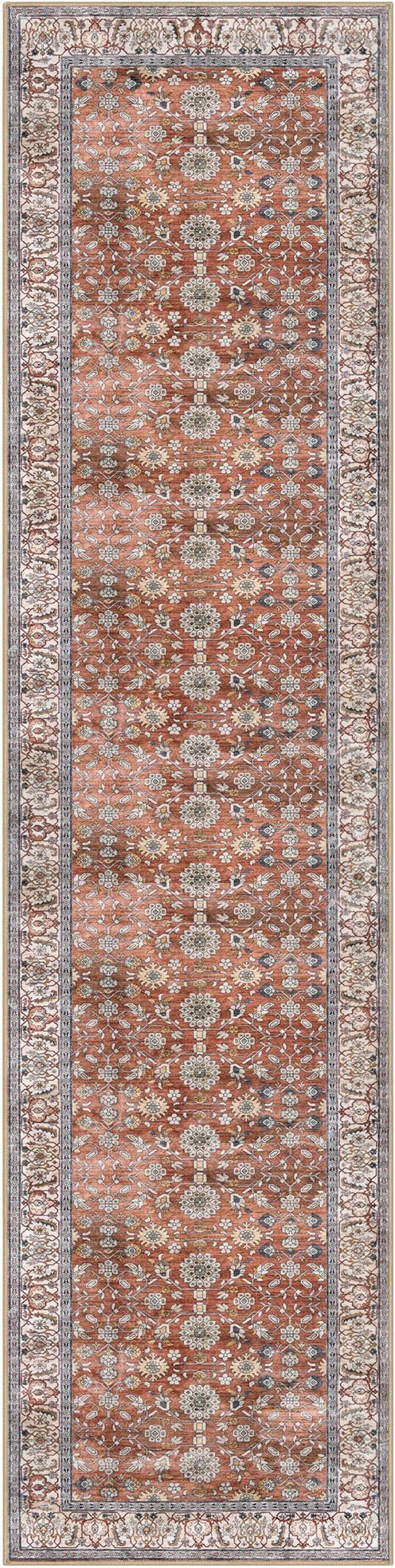 KUTA Vintage Washable Runner Rug, 2x8 Red Clay Runners for Hallways Non-Slip Kitchen Rugs Ultra Thin Soft Printed Distressed Oriental Floral Floor Carpet for Laundry Bedroom Living Room Nursery