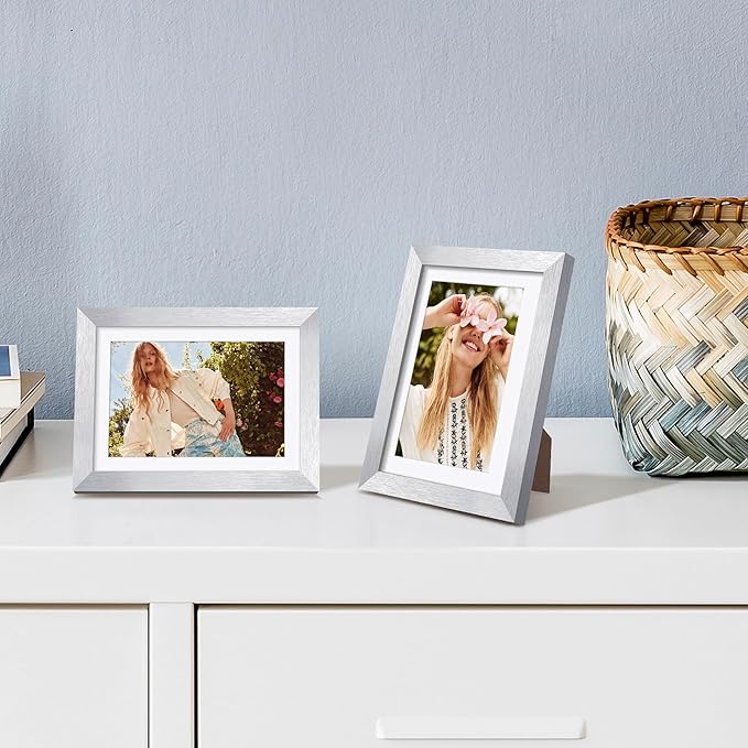 upsimples 5x7 Picture Frame, Display Pictures 4x6 with Mat or 5 x 7 Without, Wall Hanging Photo Frames, Silver, 1 Pack