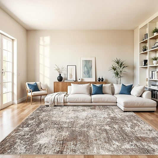 9x12 Washable Living Room Rug - Modern Abstract Neutral Soft Large Area Rugs for Bedroom Dining Room Home Office, Non-Slip Low Pile Thin Stain-Resistant Indoor Carpet (Brown Beige,9x12)