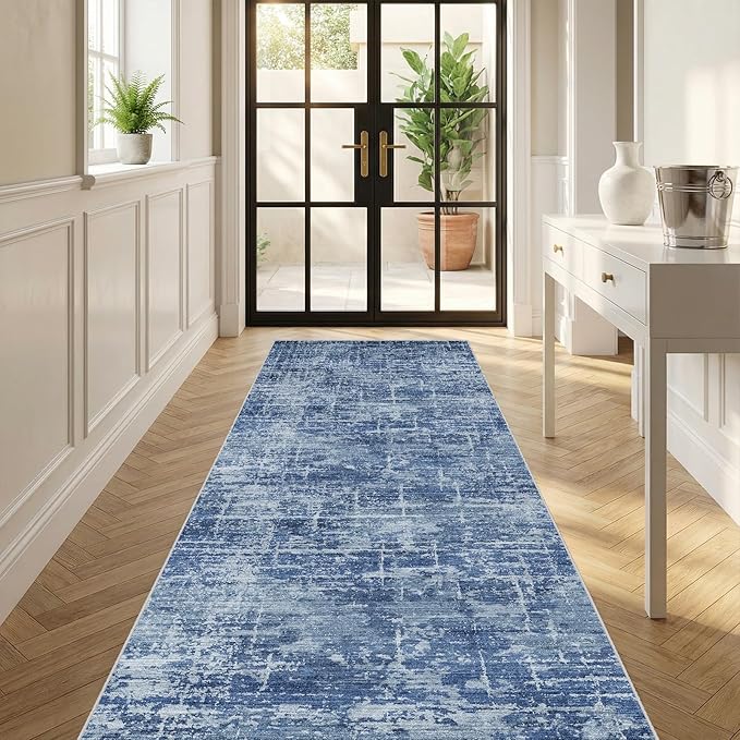 3x6 Washable Kitchen Runner Rug - Modern Abstract Neutral Carpet with Non-Slip Backing Low-Pile Stain-Resistant Thin Runners for Hallway Bathroom Bedroom Entryway (3x6, Blue)