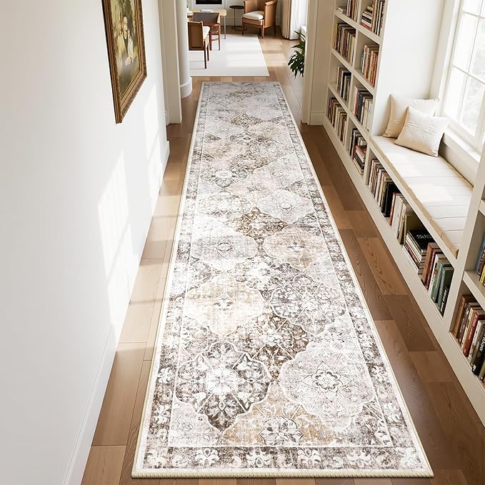 Ileading Washable Hallway Runner Rugs, 2x10 Non Slip Runners Area Rug for Entryway Kitchen Bathroom Bedroom Laundry Living Room, Long Narrow Low-Pile Floor Carpet Boho Vintage Throw Mat for Kids Room