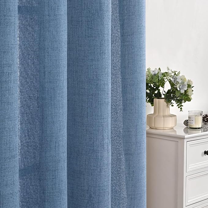 YoungsTex Blue Linen Curtains 68 Inch Length for Living Room Window, Semi Sheer Light Filtering Drapes with Bronze Grommet Privacy for Dining Bedroom, 52 x 68 Inch, 2 Panels