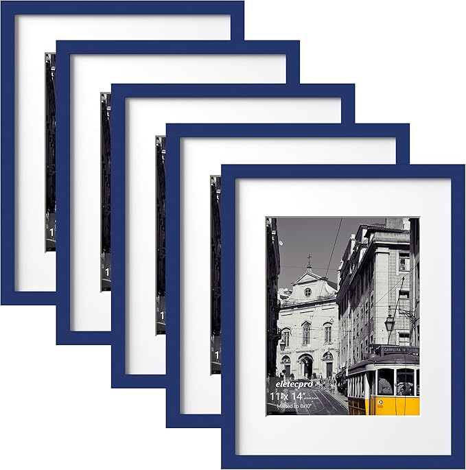 eletecpro 11x14 Picture Frames Set of 5, Gallery Wall Frame Display 8x10 Photo with Mat or 11x14 without Mat, Picture Frame Collage Wall Decor for Wall Mounting, Blue