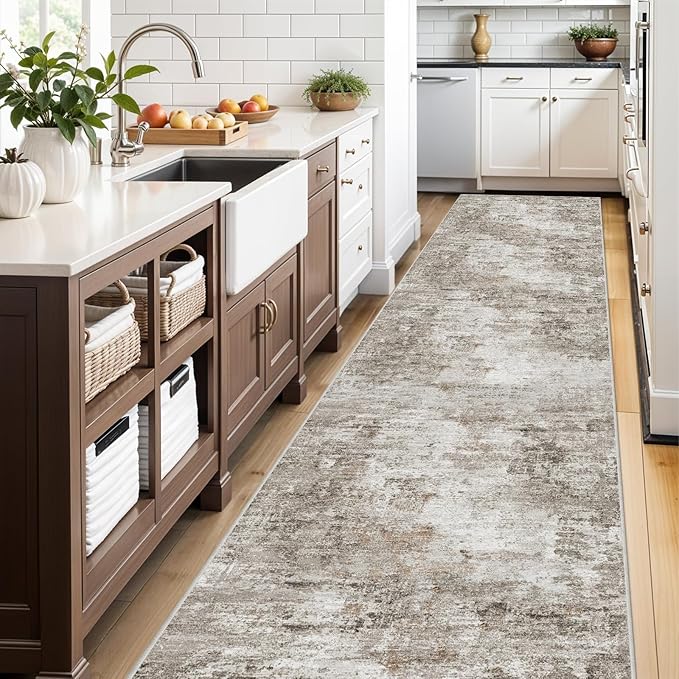 3x15 Ft Long Hallway Runner Rug - Non-Slip Washable Kitchen Runner Rug with Rubber Backing | Modern Abstract Wide Floor Carpet Runner for Indoor Entryway, Bedroom, Living Room (Beige, Grey)
