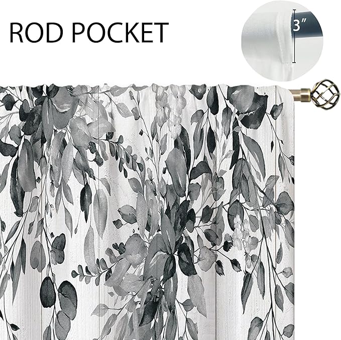 Farmhouse Wooden Grey Eucalyptus Botanical Leaves Floral Window Curtains Rustic Flower Plant Wildflower Farmhouse Curtain Drapes Herb Curtains for Bedroom Living Room Treatment 42Wx45H Inch