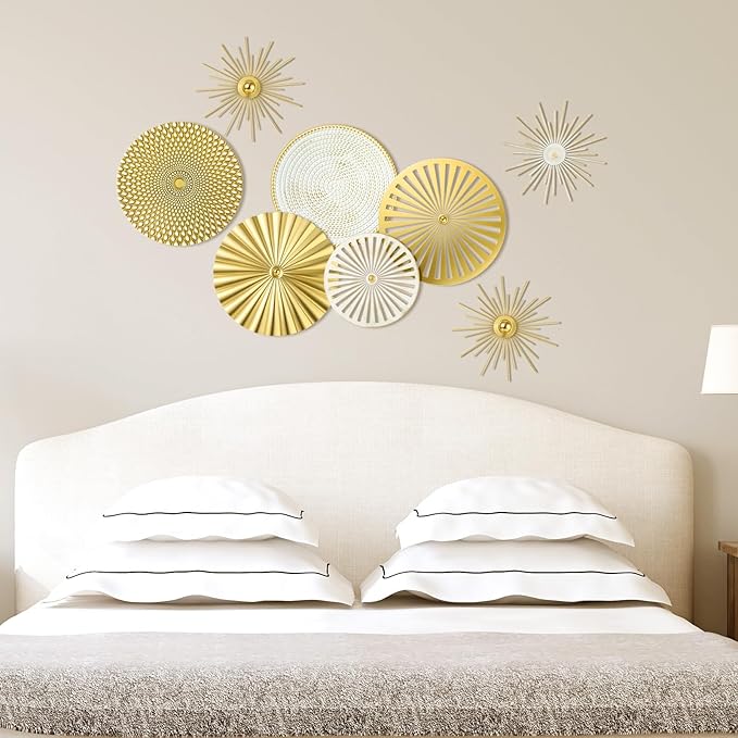 Lingvee 8 Pcs Gold Wall Decor Modern Metal Decor Metal Starbursts Radial Plate Art Hanging Decorative Wall Decorations for Home Bedroom Bathroom Living Room Office Sculpture (Gold, White)