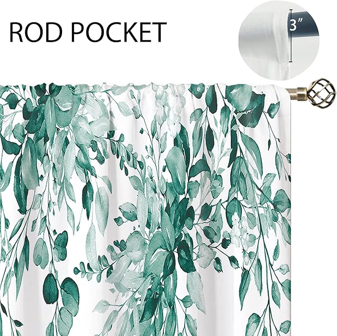 Green Teal Eucalyptus Botanical Leaves Floral Window Curtains Watercolor Turquoise Flower Plant Wildflower Farmhouse Curtain Drapes Herb Curtains for Bedroom Living Room Treatment 42Wx45H Inch