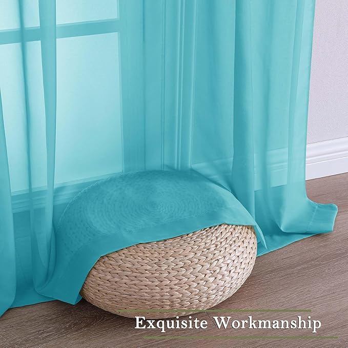 Lecloud Turquoise Sheer Curtains 90 Inches Long 2 Pcs, Soft Airy Light Filtering Home Decor Living Room Curtains for Bedroom, Rod Pockets Window Treatments Solid Drapes, Each Panel 59" W x 90" L