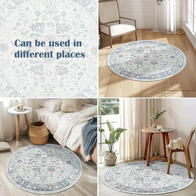 jinchan Round Rug 8ft Area Rug - Washable Boho Vintage Floral Circle 8' Round Floor Cover Lightweight Low Pile Thin Throw Non-Slip Carpet for Kitchen Living Room Bedroom Dining Room Office Grey Multi