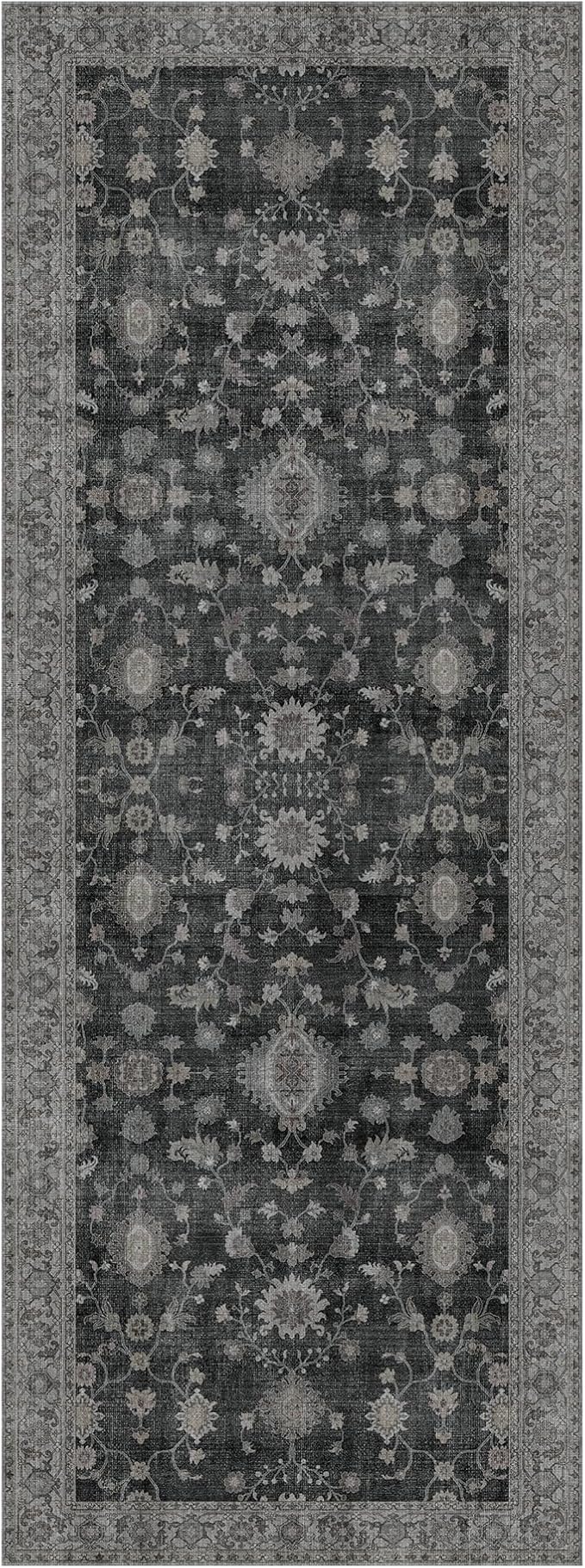 GENIMO Runner Rug for Hallways Machine Washable, 3x8 Non Slip Boho Vintage Lightweight Washable Runners, Thin Floor Rugs for Entryway Hallway Bathroom Laundry Room Corridor, Charcoal