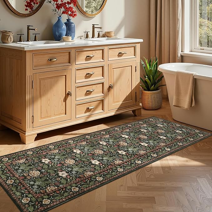 GarveeHome Washable Runner Rug 2x6, Non Slip Floral Kitchen Runner for Hallway Entryway Forest Green Laundry Bathroom Mat Farmhouse Thin Stain Resistant Carpet for Bedroom Beside Rug