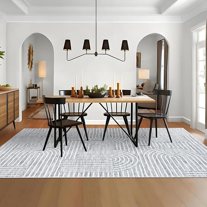 ROYHOME Washable Rug 6x9 Area Rugs for Living Room, Abstract Rug for Bedroom, Soft Rainbow Non Slip Throw Rugs with Rubber Back, Low Pile Stain Resistant Boho Geometric Carpet for Dining Room, Ash