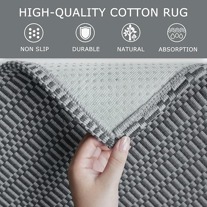 KOZYFLY Washable Area Rug for Living Room 6x9 Ft Bedroom Rug with Runner Backing Braided Cotton Dining Room Rug, Large Floor Carpet for Living Room Dining Room, Grey/Charcoal Grey