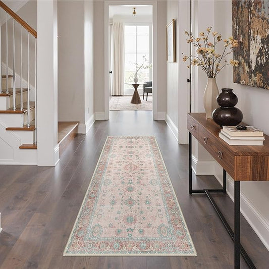 GENIMO Runner Rug for Hallways Machine Washable, 3x7 Non Slip Boho Vintage Lightweight Washable Runners, Thin Floor Rugs for Entryway Hallway Bathroom Laundry Room Corridor, Misty Pink